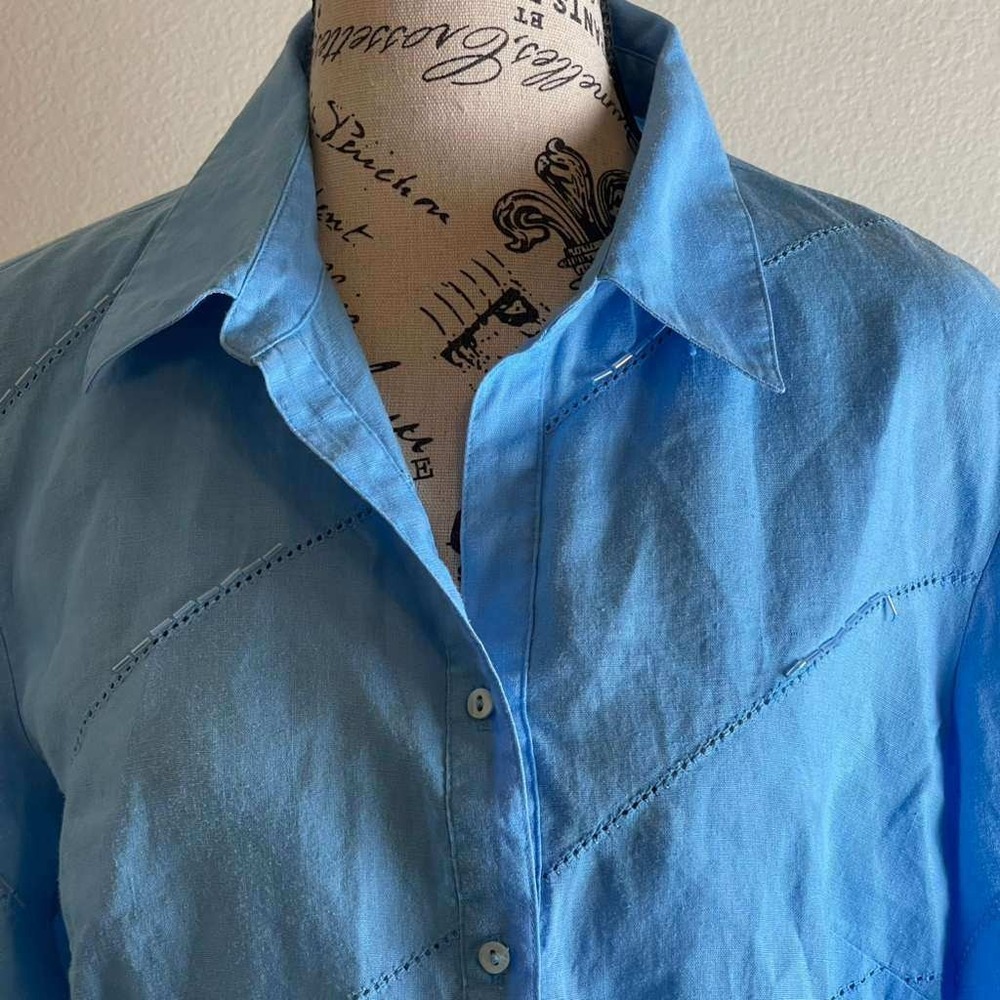 Anne Carson Beeaded 100% Linen‎ Sky Blue 3/4 Sleeve Button Down Shirt Size M